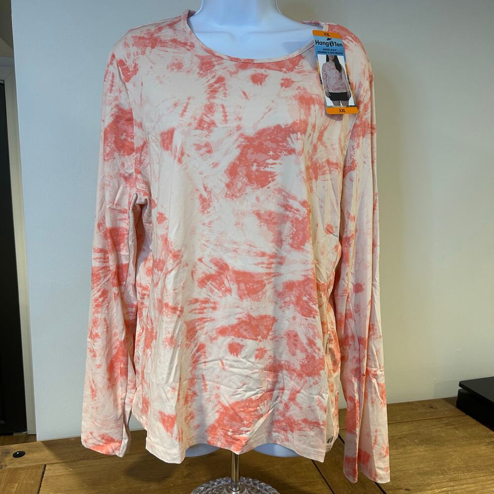 HANG TEN Sz XXL  Orange White Tie Dye Swim Shirt UPF 50 UV Protection Beach Vaca